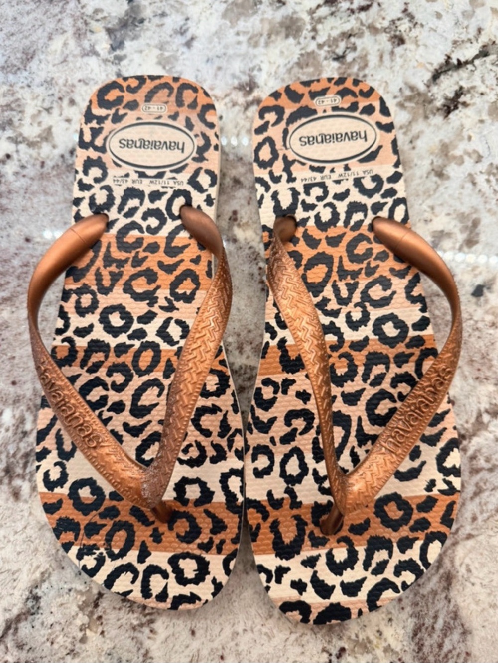 Original Havaianas Leopard Print Flip Flops with Bronze Straps size 11